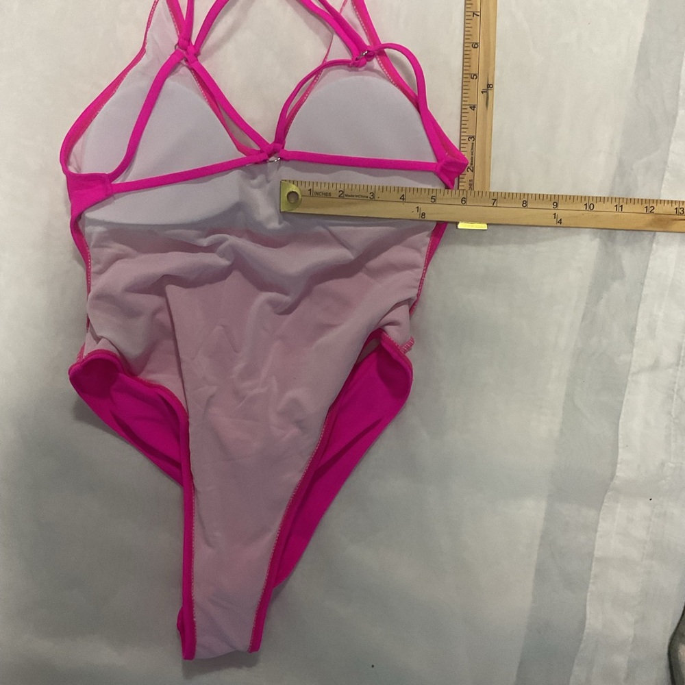 NWOT Backless Hot Pink Strappy Cheeky Bold 1 Piece Super High Cut Bottom Swimsui - Picture 5 of 9